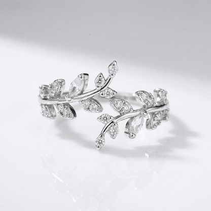 CRYSTAL LEAF VINE SILVER RING - (ADJUSTABLE)