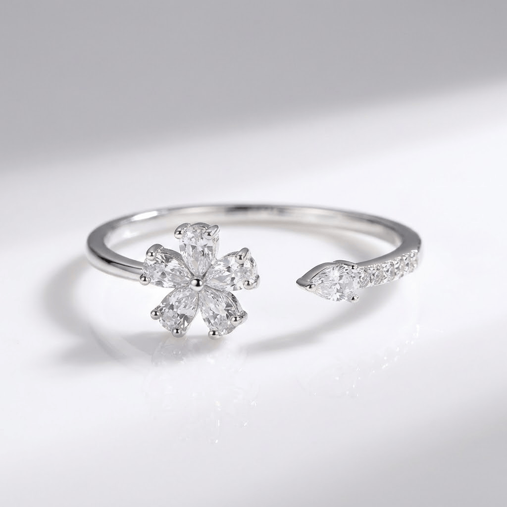 SILVER ZIRCONIA FLOWER - (ADJUSTABLE)
