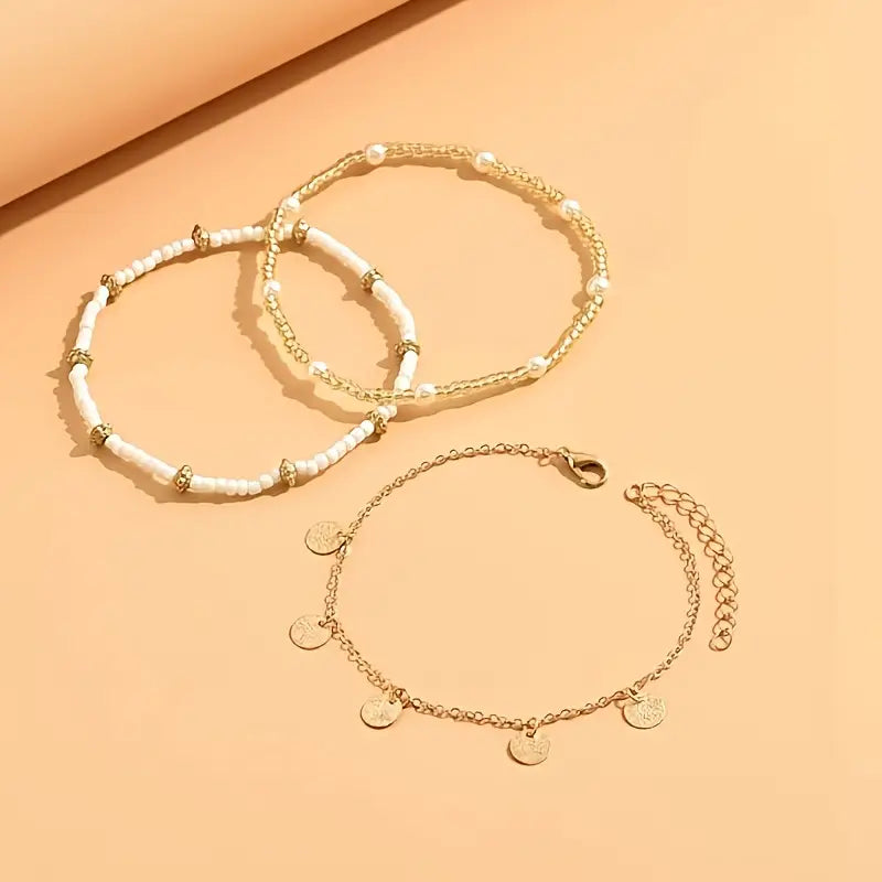 Coastal Charm 3-Piece Layered Anklet Set | Gold